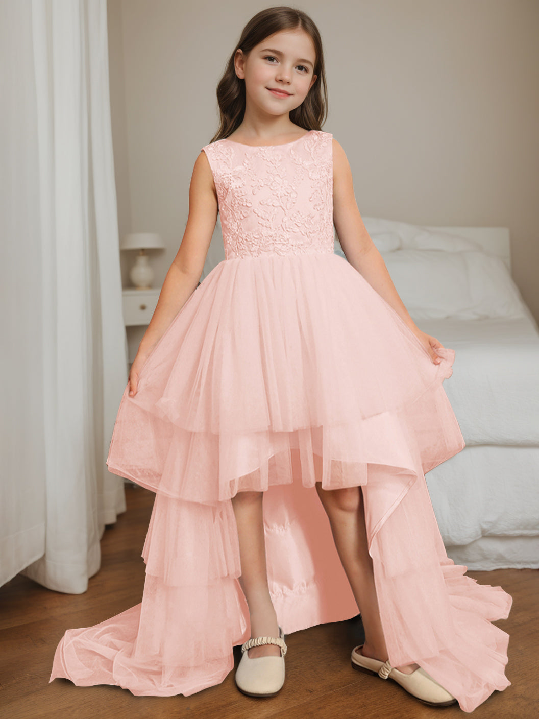 Robe de Bal Asymétrique à Col Rond et Sans Manches pour Demoiselle D'Honneur avec Nœud
