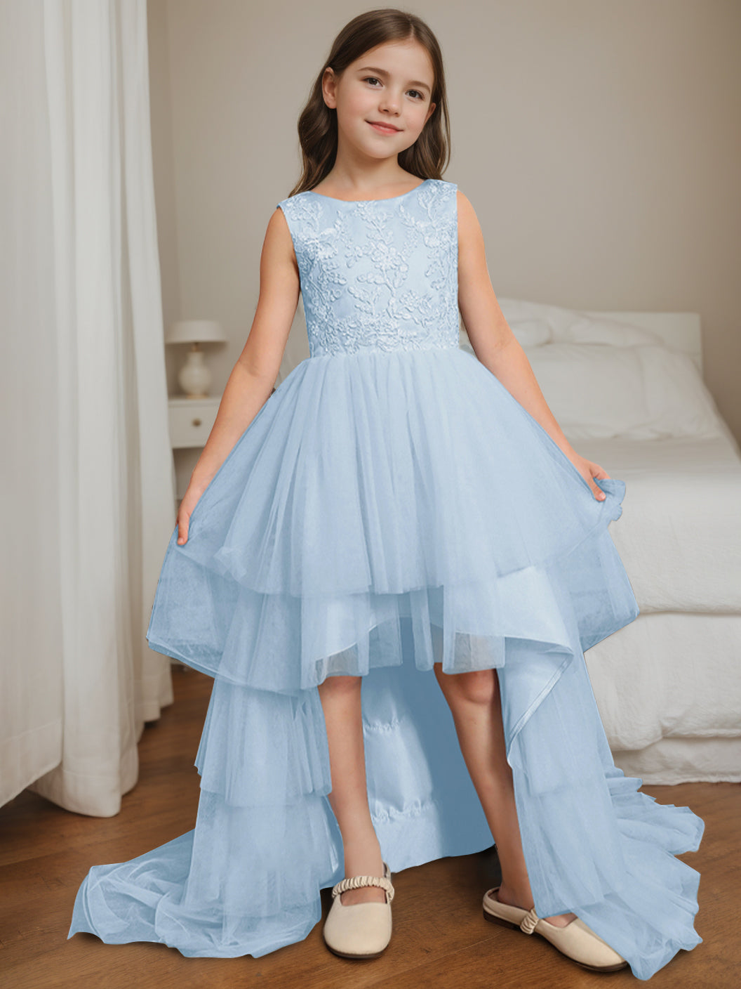 Robe de Bal Asymétrique à Col Rond et Sans Manches pour Demoiselle D'Honneur avec Nœud