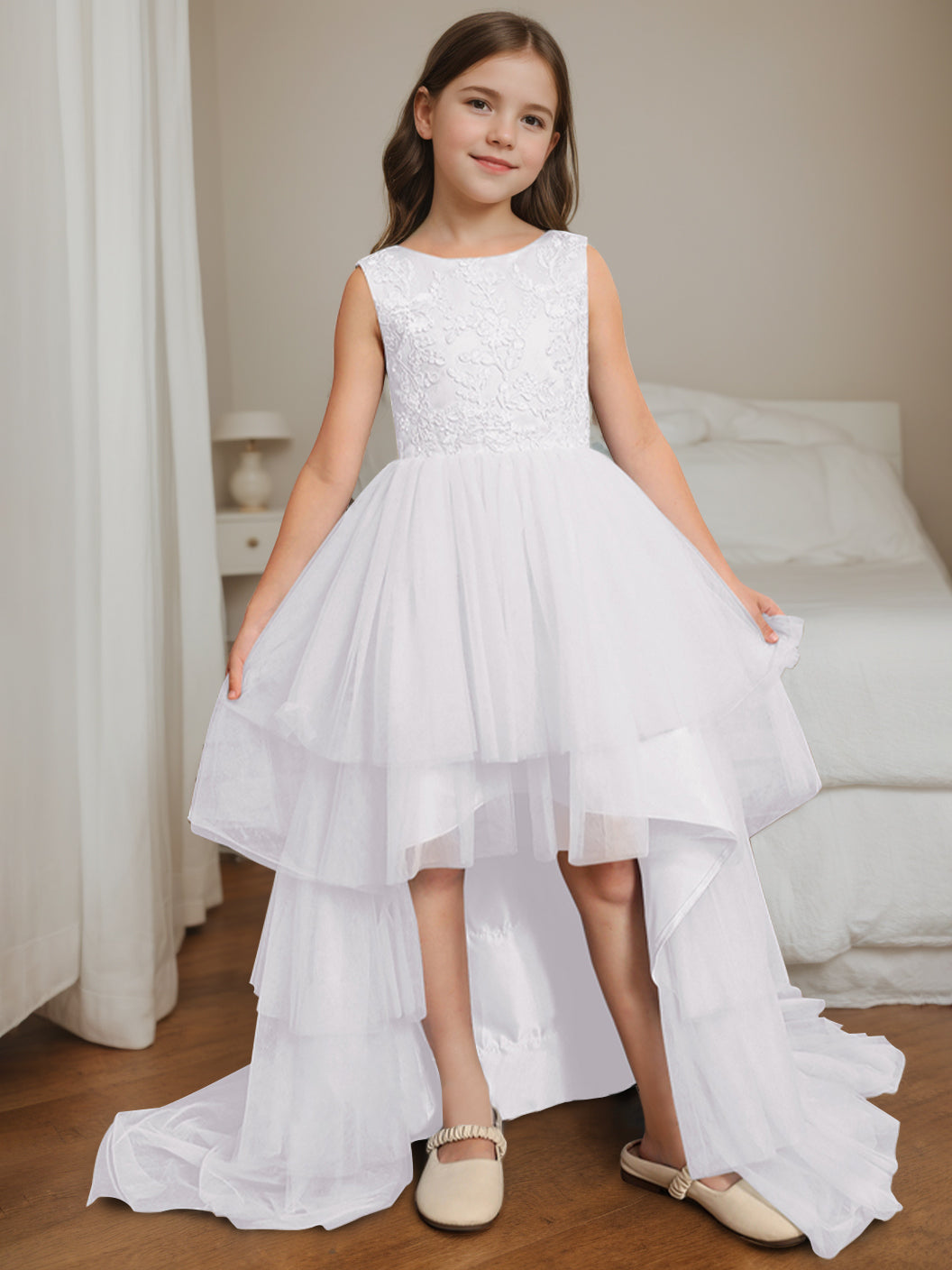 Robe de Bal Asymétrique à Col Rond et Sans Manches pour Demoiselle D'Honneur avec Nœud