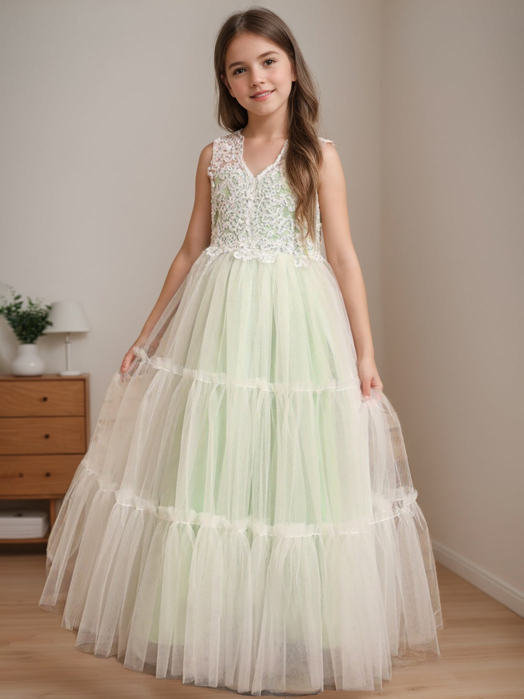 Robe de Bal à Col en V Sans Manches, Longueur Au Sol, avec Dentelle