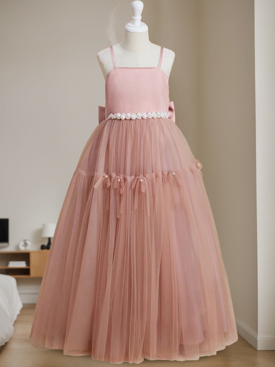 Robe de Demoiselle D'Honneur Trapèze/Princesse à Col Carré Sans Manches et Longueur Au Sol avec Perles