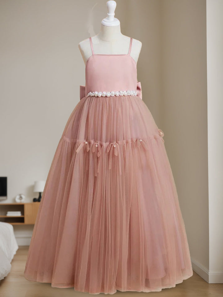 Robe de Demoiselle D'Honneur Trapèze/Princesse à Col Carré Sans Manches et Longueur Au Sol avec Perles