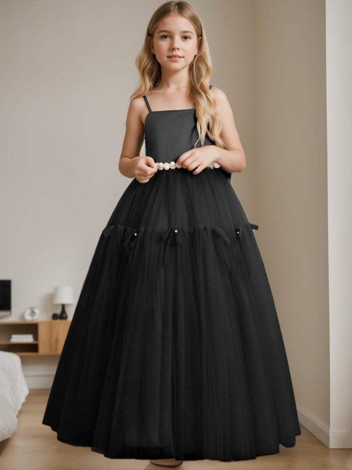Robe de Demoiselle D'Honneur Trapèze/Princesse à Col Carré Sans Manches et Longueur Au Sol avec Perles