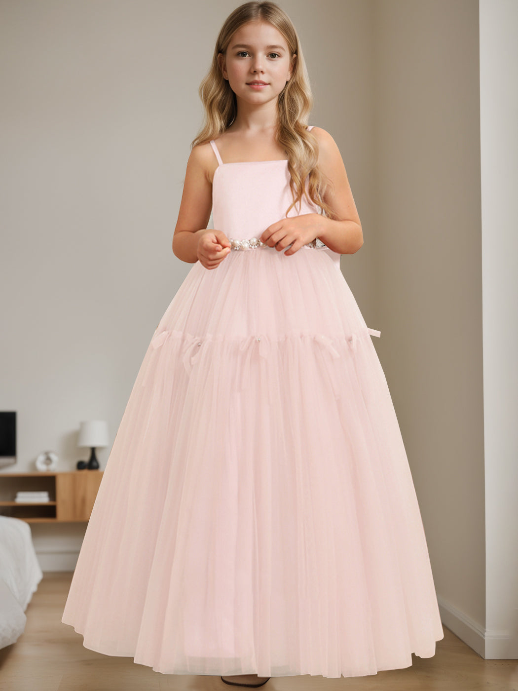 Robe de Demoiselle D'Honneur Trapèze/Princesse à Col Carré Sans Manches et Longueur Au Sol avec Perles