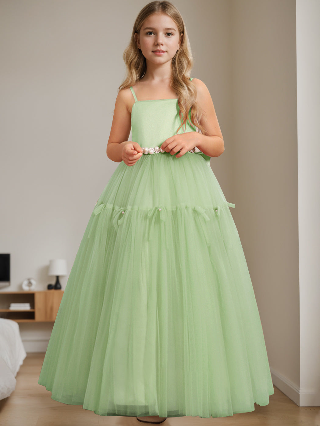 Robe de Demoiselle D'Honneur Trapèze/Princesse à Col Carré Sans Manches et Longueur Au Sol avec Perles