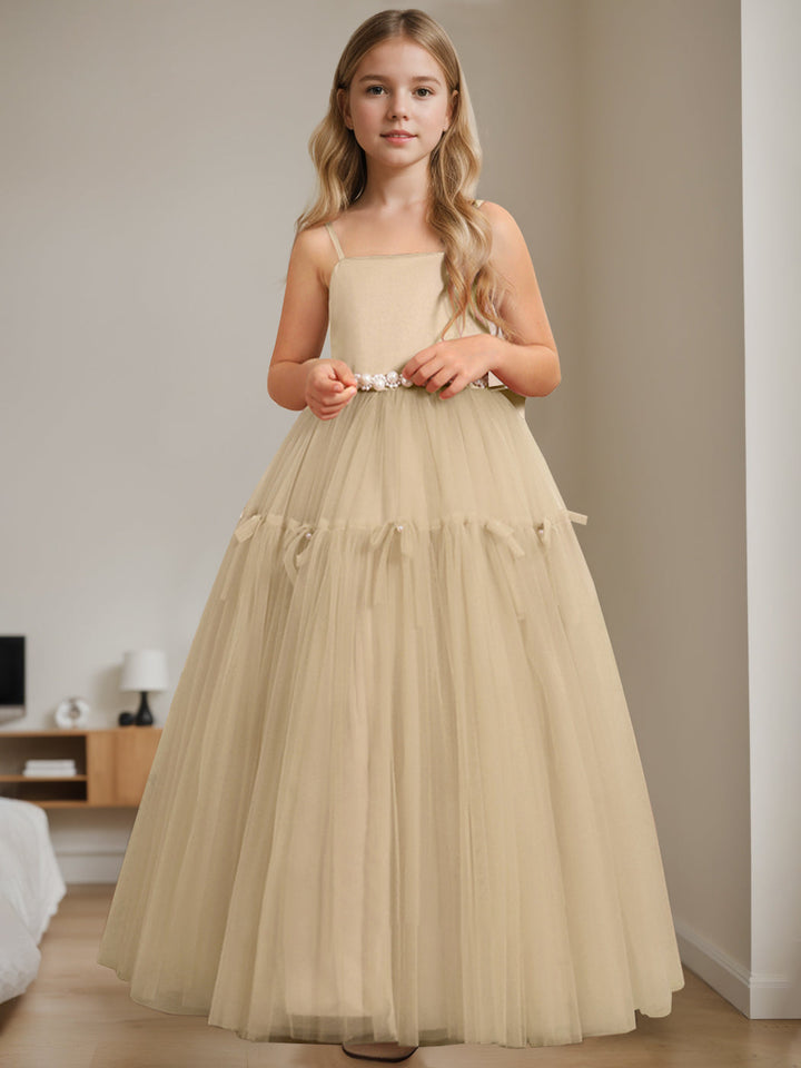 Robe de Demoiselle D'Honneur Trapèze/Princesse à Col Carré Sans Manches et Longueur Au Sol avec Perles