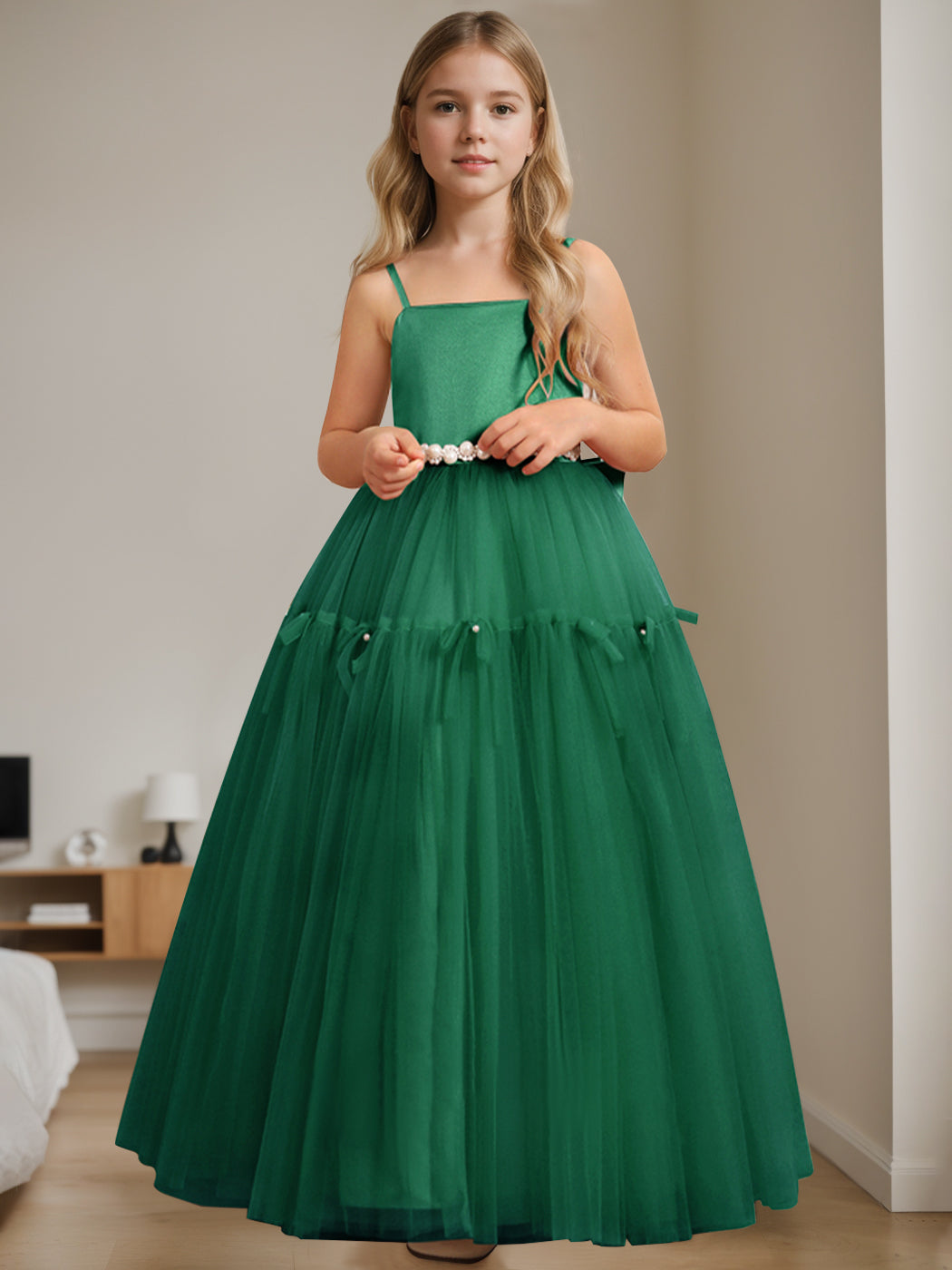 Robe de Demoiselle D'Honneur Trapèze/Princesse à Col Carré Sans Manches et Longueur Au Sol avec Perles