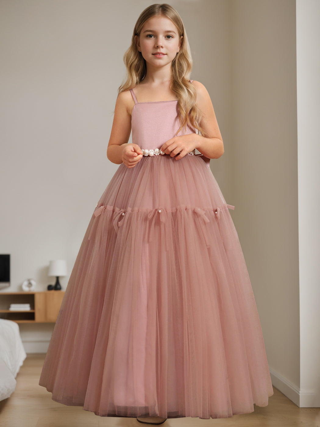 Robe de Demoiselle D'Honneur Trapèze/Princesse à Col Carré Sans Manches et Longueur Au Sol avec Perles