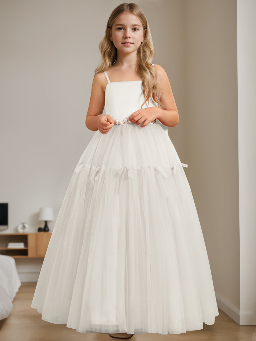 Robe de Demoiselle D'Honneur Trapèze/Princesse à Col Carré Sans Manches et Longueur Au Sol avec Perles