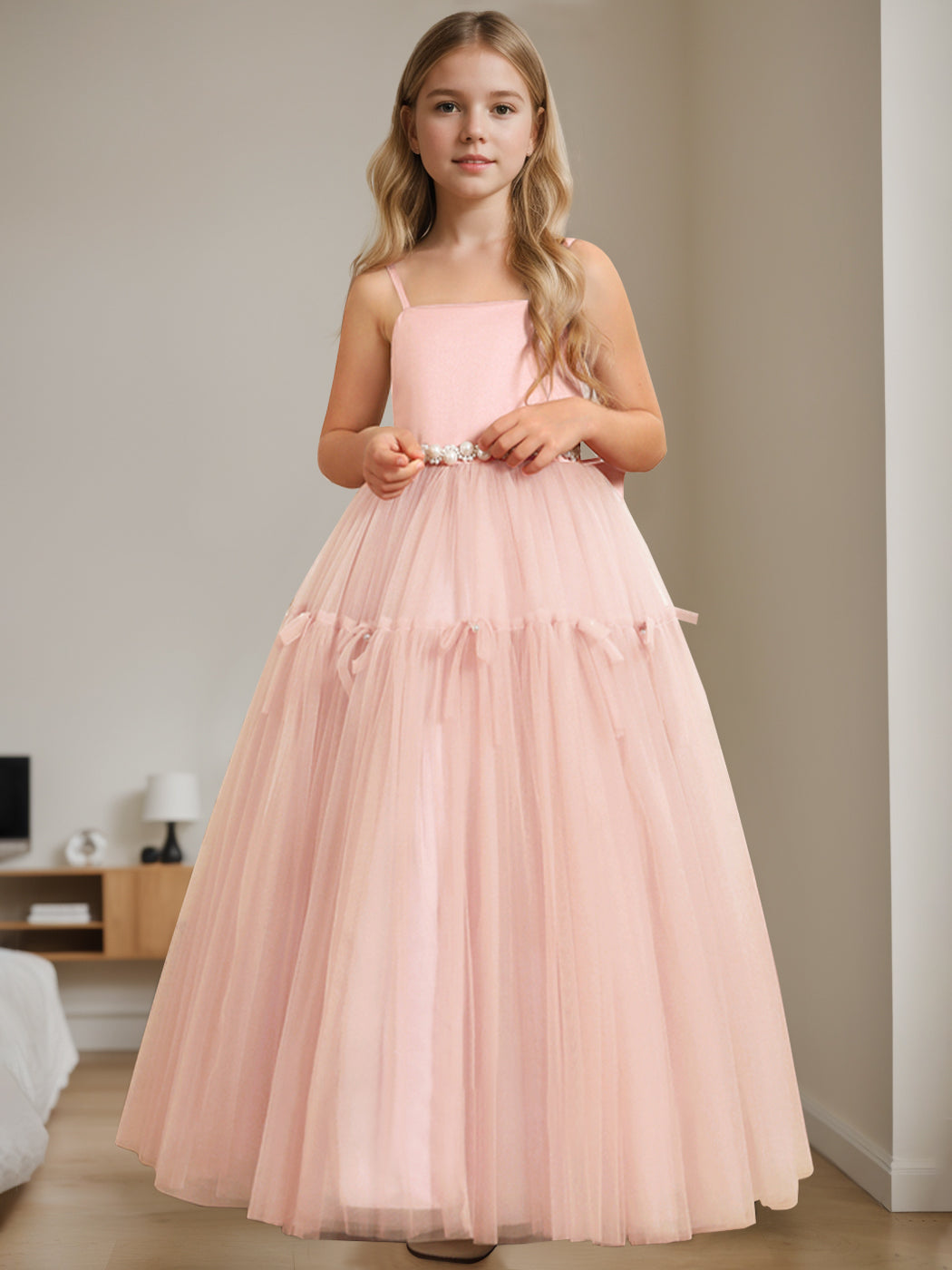 Robe de Demoiselle D'Honneur Trapèze/Princesse à Col Carré Sans Manches et Longueur Au Sol avec Perles