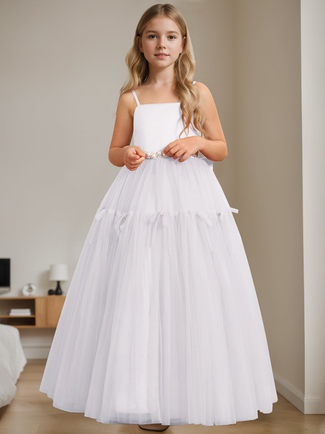 Robe de Demoiselle D'Honneur Trapèze/Princesse à Col Carré Sans Manches et Longueur Au Sol avec Perles