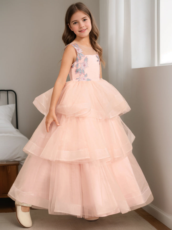 Robe de Bal à Encolure Dégagée Sans Manches, Longueur Au Sol, avec Dentelle et Appliques