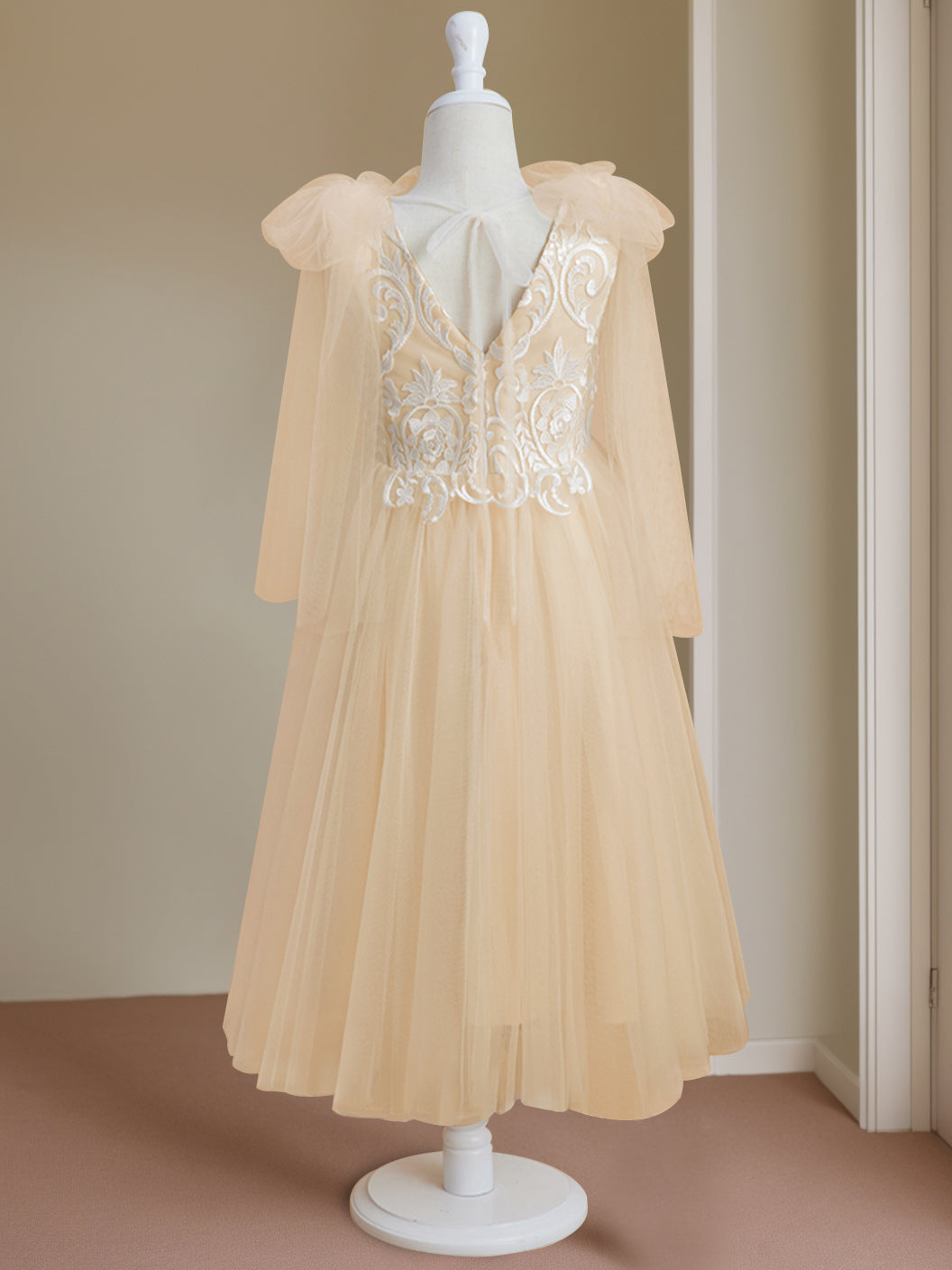 Robe de Demoiselle D'Honneur A-Line/Princess à Col en V Sans Manches et Longueur Thé avec Dentelle