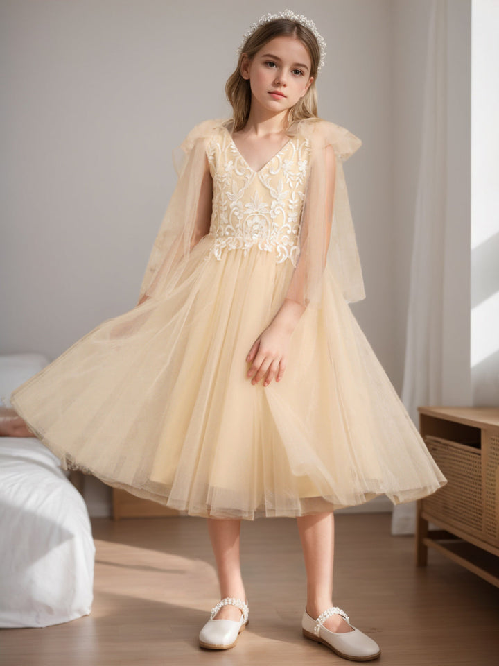 Robe de Demoiselle D'Honneur A-Line/Princess à Col en V Sans Manches et Longueur Thé avec Dentelle