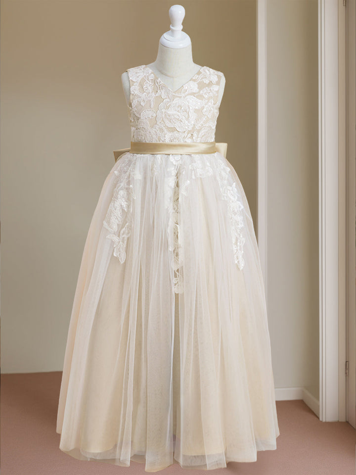 Robe de Demoiselle D'Honneur A-Line/Princess à Col en V Sans Manches et Longueur Au Sol avec Nœud