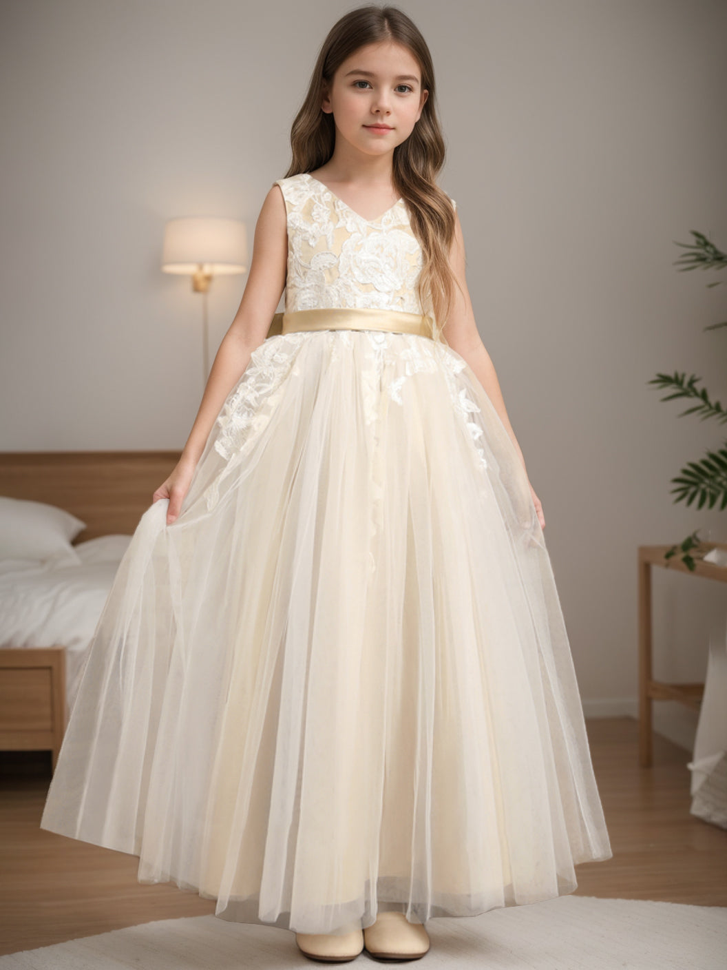 Robe de Demoiselle D'Honneur A-Line/Princess à Col en V Sans Manches et Longueur Au Sol avec Nœud