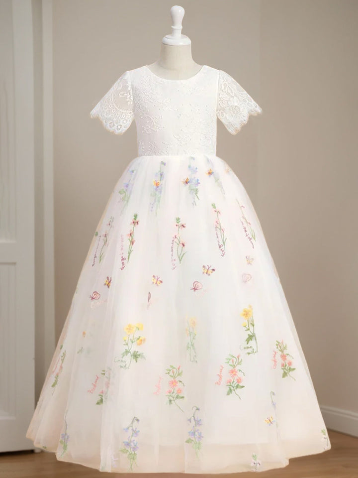 Robe de Demoiselle D'Honneur A-Line/Princess à Encolure Dégagée et Manches Courtes, Longueur Au Sol, avec Dentelle