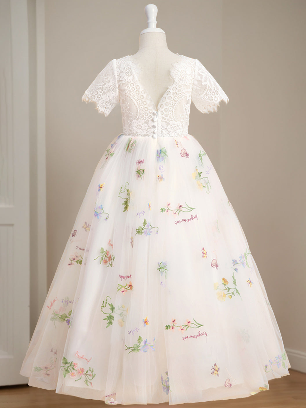 Robe de Demoiselle D'Honneur A-Line/Princess à Encolure Dégagée et Manches Courtes, Longueur Au Sol, avec Dentelle