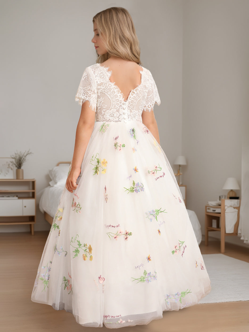 Robe de Demoiselle D'Honneur A-Line/Princess à Encolure Dégagée et Manches Courtes, Longueur Au Sol, avec Dentelle