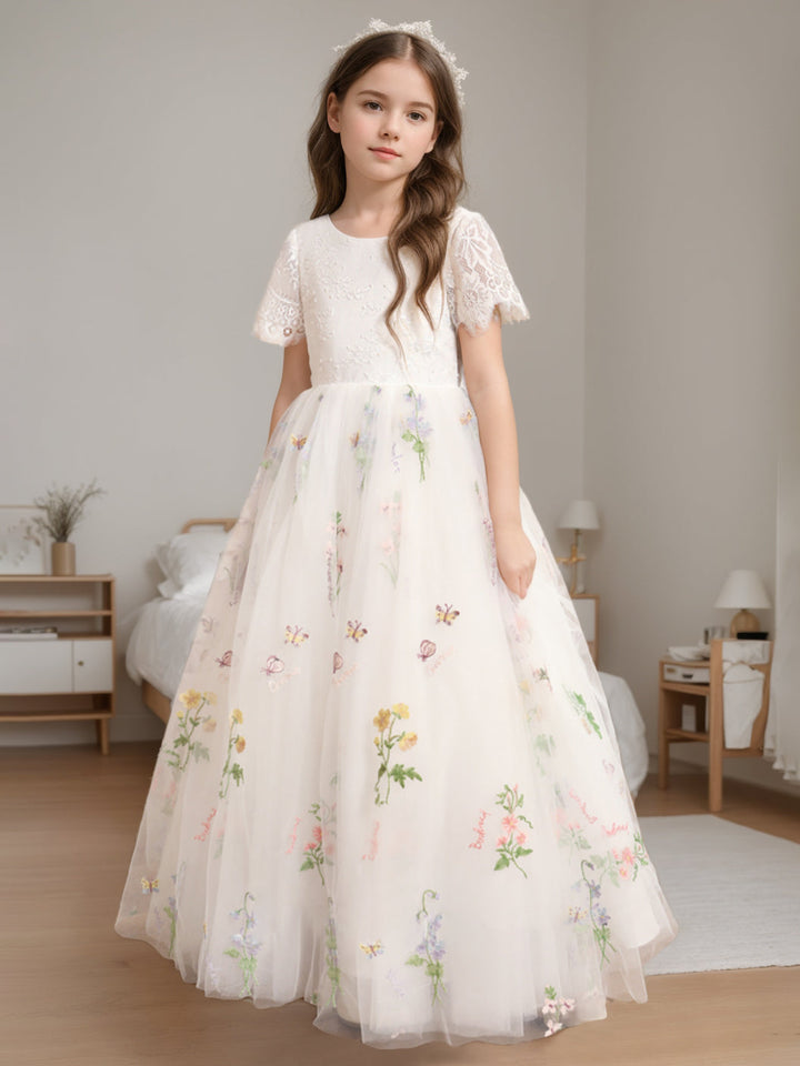 Robe de Demoiselle D'Honneur A-Line/Princess à Encolure Dégagée et Manches Courtes, Longueur Au Sol, avec Dentelle