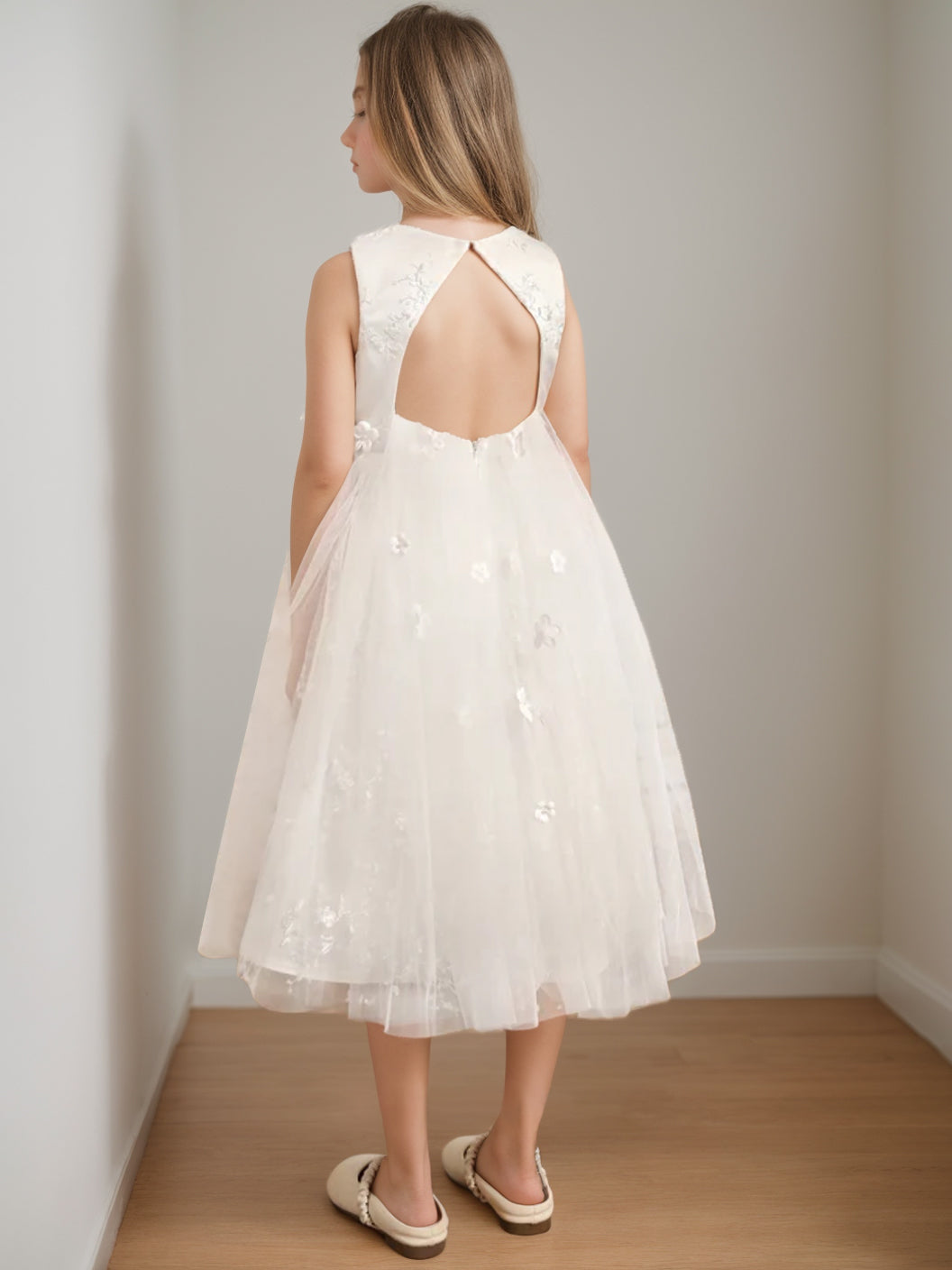 Robe de Demoiselle D'Honneur A-Line/Princess à Encolure Dégagée Sans Manches et Longueur Thé avec Perles