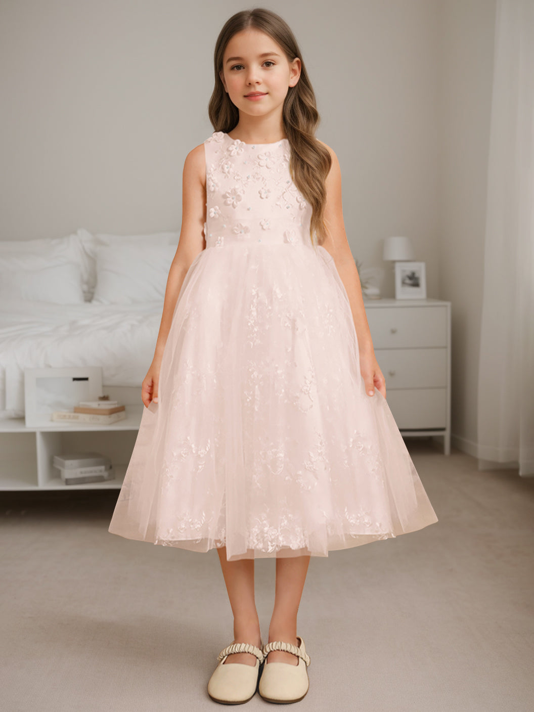 Robe de Demoiselle D'Honneur A-Line/Princess à Encolure Dégagée Sans Manches et Longueur Thé avec Perles