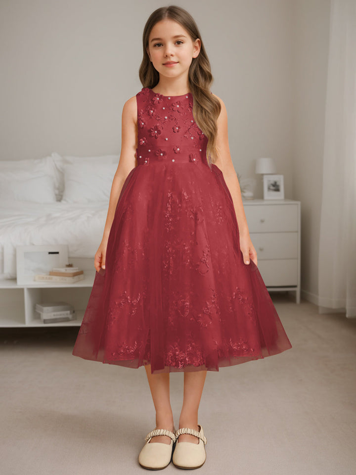 Robe de Demoiselle D'Honneur A-Line/Princess à Encolure Dégagée Sans Manches et Longueur Thé avec Perles