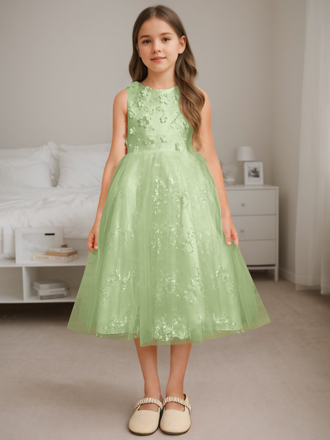 Robe de Demoiselle D'Honneur A-Line/Princess à Encolure Dégagée Sans Manches et Longueur Thé avec Perles