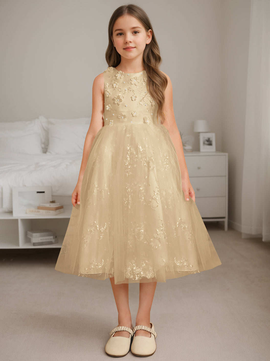 Robe de Demoiselle D'Honneur A-Line/Princess à Encolure Dégagée Sans Manches et Longueur Thé avec Perles