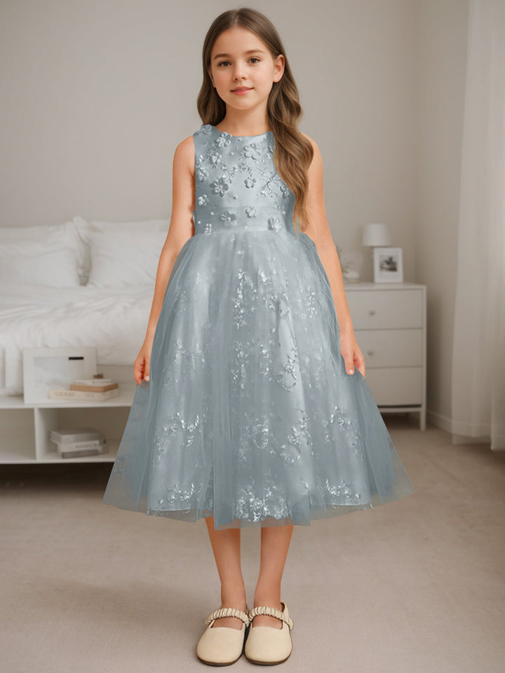 Robe de Demoiselle D'Honneur A-Line/Princess à Encolure Dégagée Sans Manches et Longueur Thé avec Perles