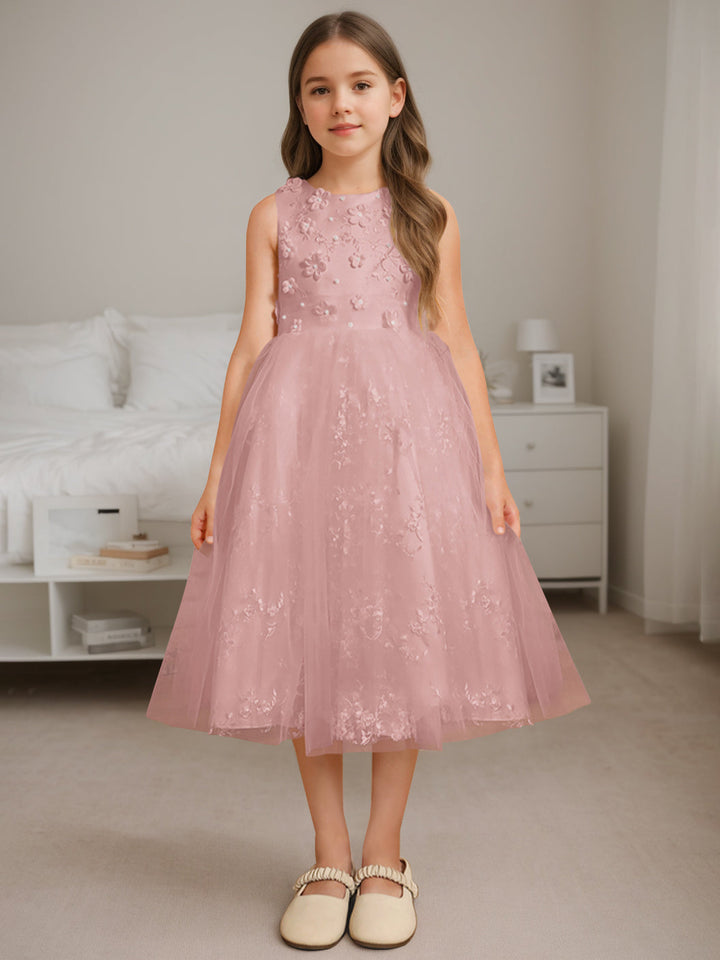 Robe de Demoiselle D'Honneur A-Line/Princess à Encolure Dégagée Sans Manches et Longueur Thé avec Perles