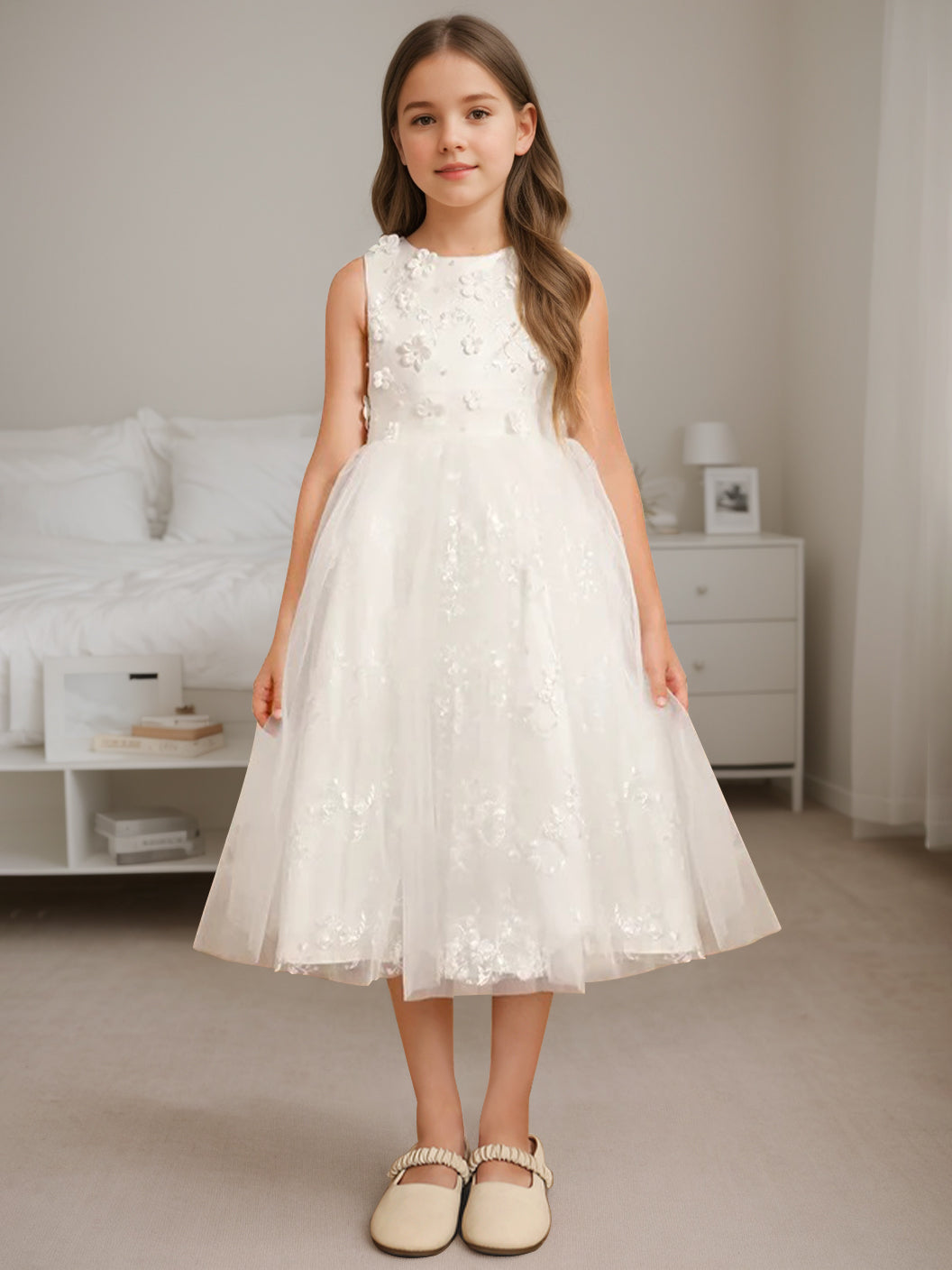 Robe de Demoiselle D'Honneur A-Line/Princess à Encolure Dégagée Sans Manches et Longueur Thé avec Perles