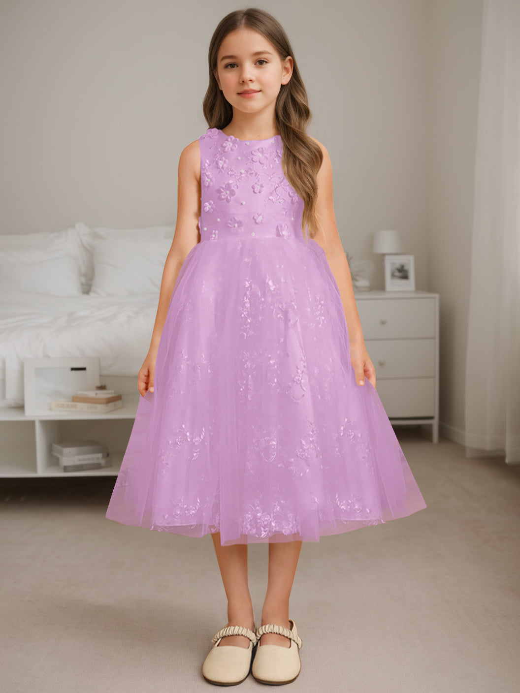 Robe de Demoiselle D'Honneur A-Line/Princess à Encolure Dégagée Sans Manches et Longueur Thé avec Perles