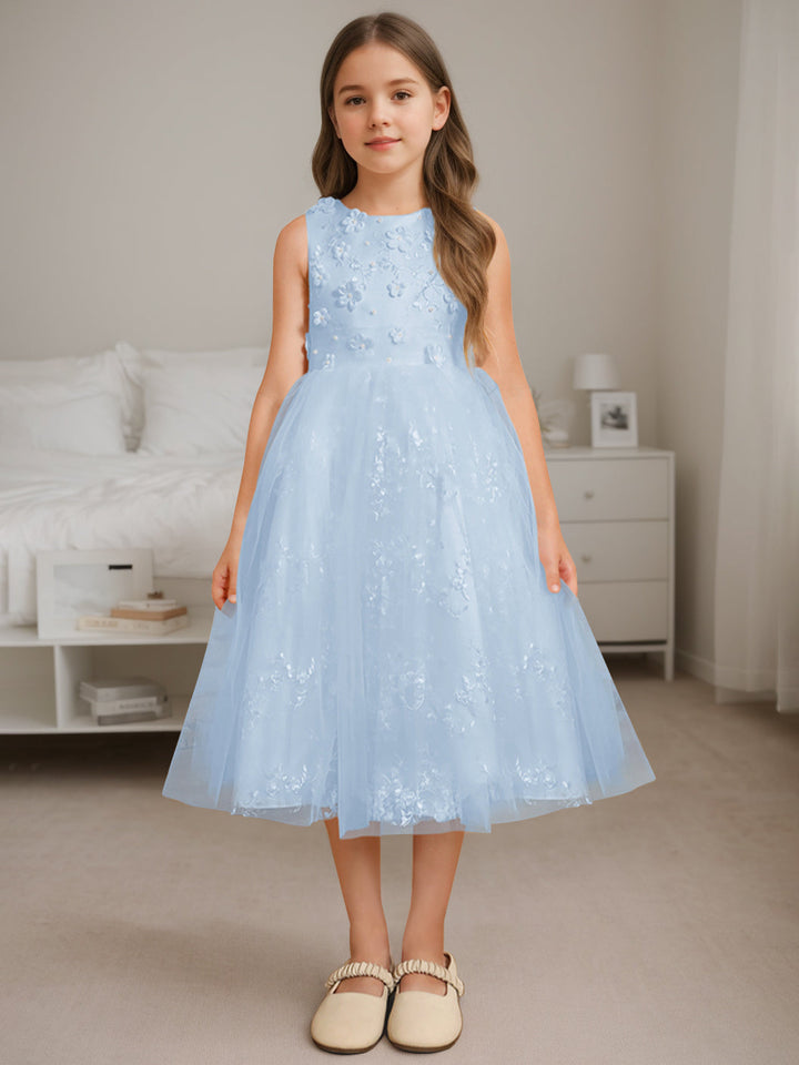 Robe de Demoiselle D'Honneur A-Line/Princess à Encolure Dégagée Sans Manches et Longueur Thé avec Perles