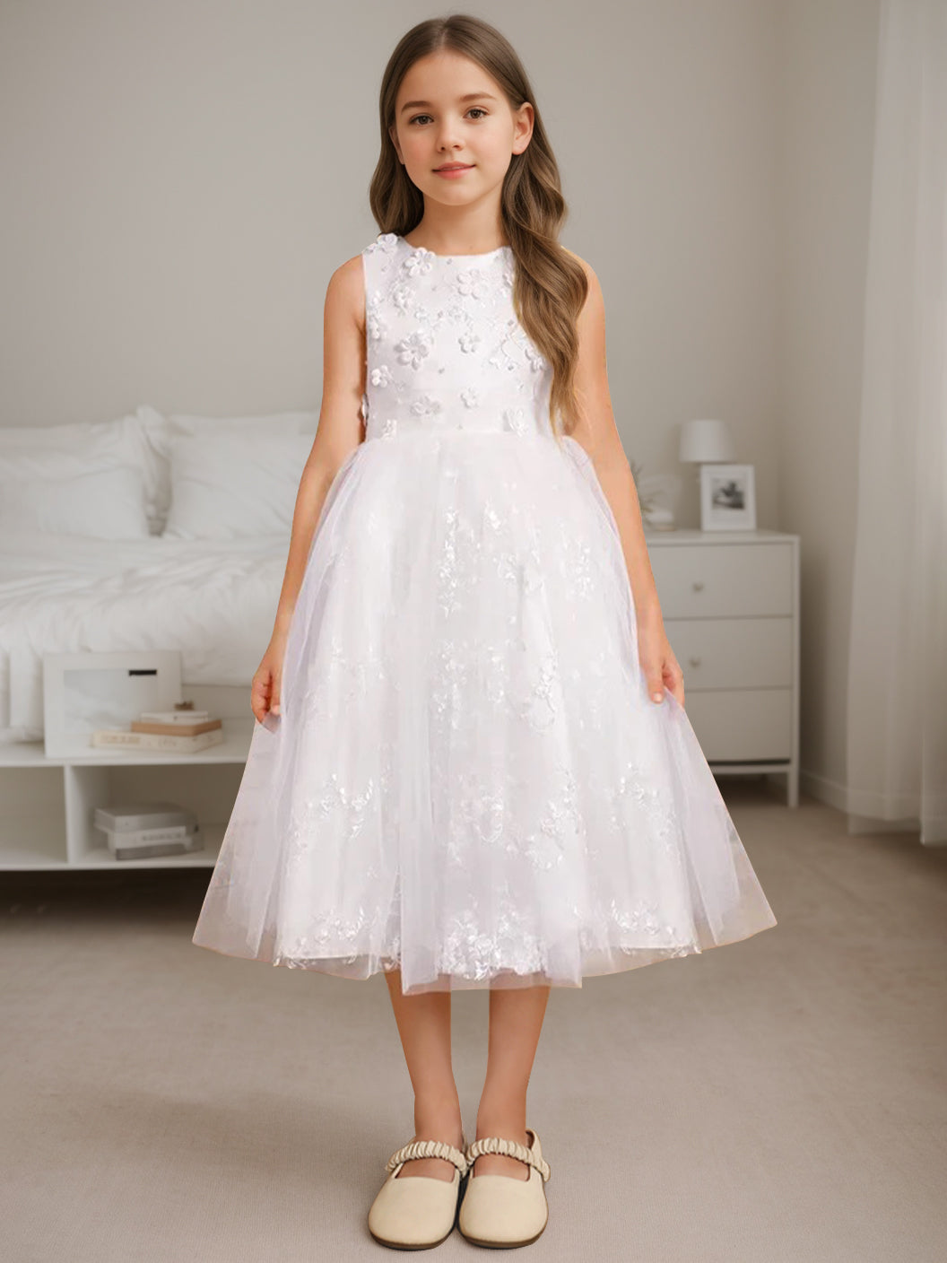 Robe de Demoiselle D'Honneur A-Line/Princess à Encolure Dégagée Sans Manches et Longueur Thé avec Perles