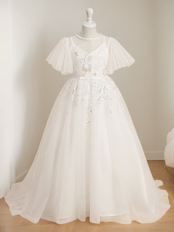 Robe de Bal à Col en V et Manches Courtes, Longueur Au Sol, avec Dentelle