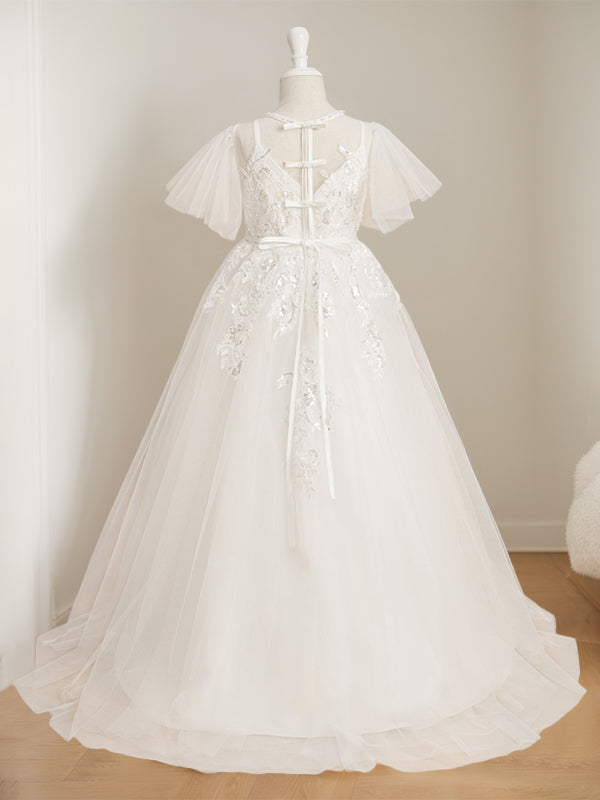 Robe de Bal à Col en V et Manches Courtes, Longueur Au Sol, avec Dentelle