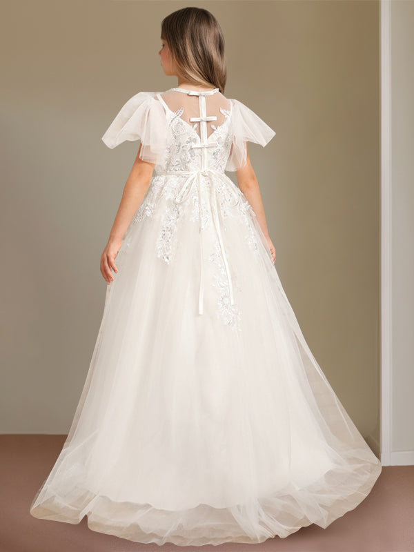Robe de Bal à Col en V et Manches Courtes, Longueur Au Sol, avec Dentelle