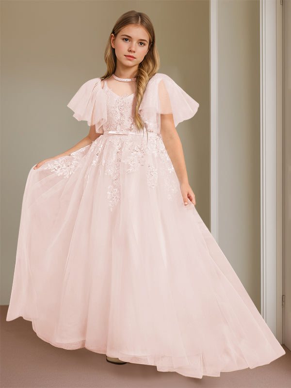Robe de Bal à Col en V et Manches Courtes, Longueur Au Sol, avec Dentelle