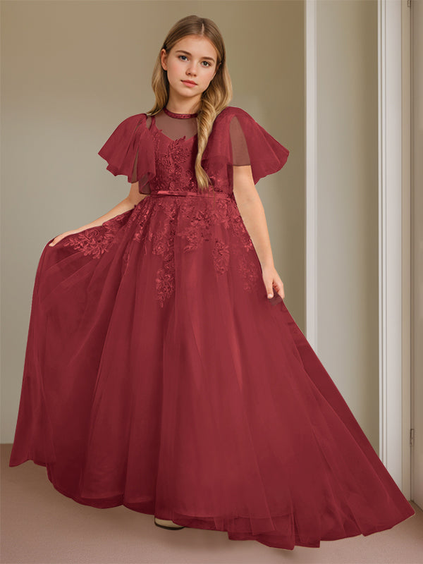 Robe de Bal à Col en V et Manches Courtes, Longueur Au Sol, avec Dentelle