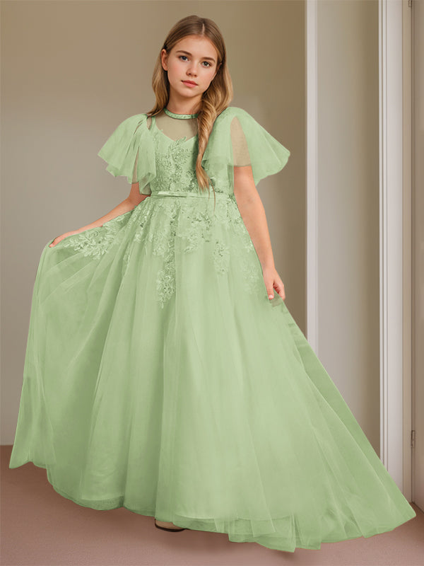 Robe de Bal à Col en V et Manches Courtes, Longueur Au Sol, avec Dentelle