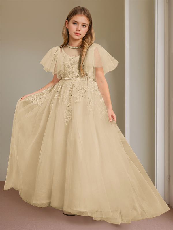 Robe de Bal à Col en V et Manches Courtes, Longueur Au Sol, avec Dentelle