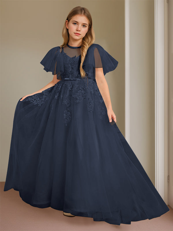 Robe de Bal à Col en V et Manches Courtes, Longueur Au Sol, avec Dentelle