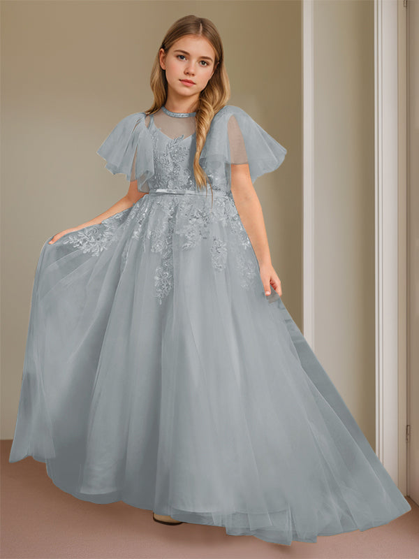Robe de Bal à Col en V et Manches Courtes, Longueur Au Sol, avec Dentelle