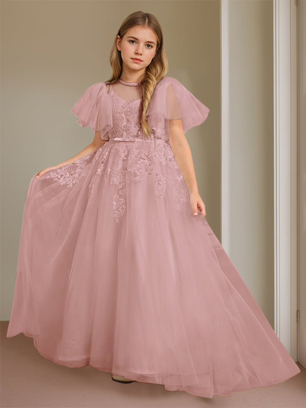 Robe de Bal à Col en V et Manches Courtes, Longueur Au Sol, avec Dentelle