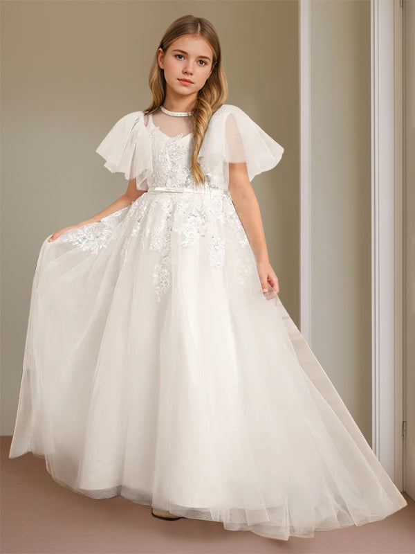 Robe de Bal à Col en V et Manches Courtes, Longueur Au Sol, avec Dentelle