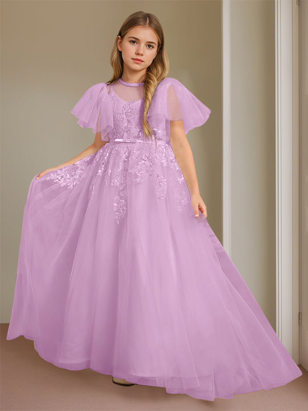 Robe de Bal à Col en V et Manches Courtes, Longueur Au Sol, avec Dentelle