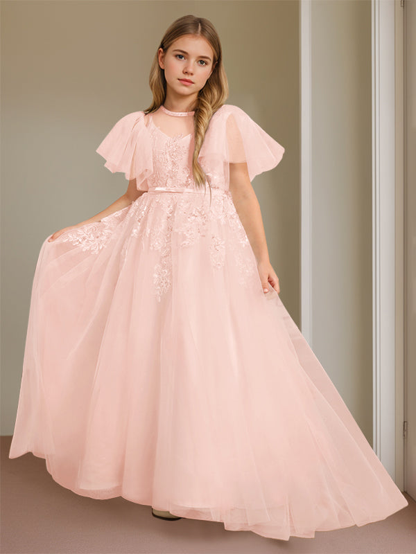 Robe de Bal à Col en V et Manches Courtes, Longueur Au Sol, avec Dentelle