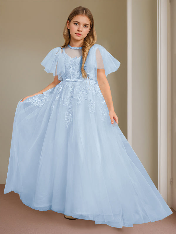 Robe de Bal à Col en V et Manches Courtes, Longueur Au Sol, avec Dentelle
