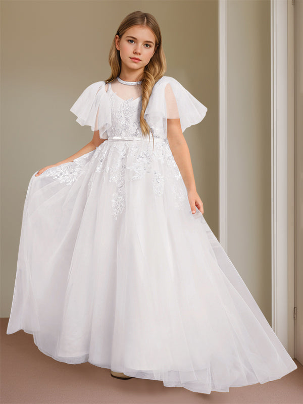 Robe de Bal à Col en V et Manches Courtes, Longueur Au Sol, avec Dentelle